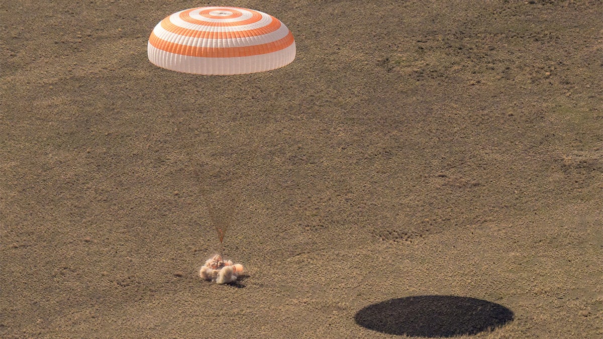 The Soyuz MS-17 spacecraft is seen as it lands in a remote area near the town of Zhezkazgan, Kazakhstan with Expedition 64 crew members Kate Rubins of NASA, Sergey Ryzhikov and Sergey Kud-Sverchkov of Roscosmos, Saturday, April 17, 2021. Rubins, Ryzhikov and Kud-Sverchkov returned after 185 days in space having served as Expedition 63-64 crew members onboard the International Space Station. Photo Credit: NASA/Bill Ingalls