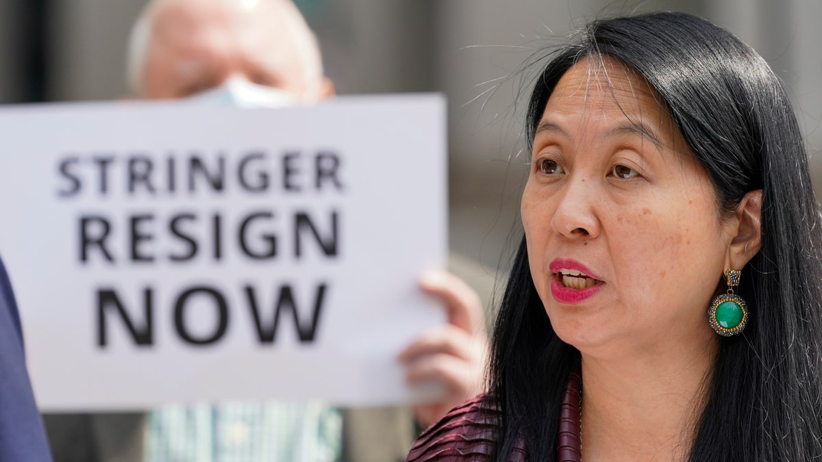 Jean Kim speaks to reporters during a news conference, Wednesday, April 28, 2021, in New York. Kim, who once worked as an unpaid intern for City Comptroller Scott Stringer, a contender to become New York City's next mayor, accused him Wednesday of groping her without consent. Stringer denied the allegations. (AP Photo/Mary Altaffer)