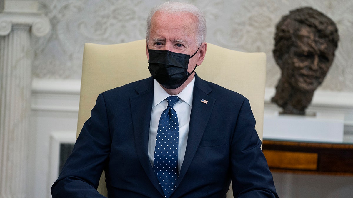 President Biden speaks during a meeting with members of the Congressional Hispanic Caucus, in the Oval Office of the White House, Tuesday, April 20, 2021, in Washington. (AP Photo/Evan Vucci)