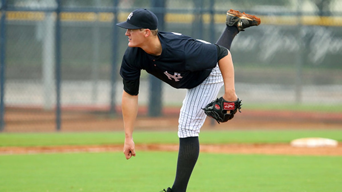 07 JUL 2014: Ty Hensley, the 2013 first round pick of the Yankees, in action during the Gulf Coast League game between the Gulf Coast League Pirates and the Gulf Coast League Yankees 1 at the Yankees Minor League Complex in Tampa, Florida. (Photo by Cliff Welch/Icon SMI/Corbis/Icon Sportswire via Getty Images)