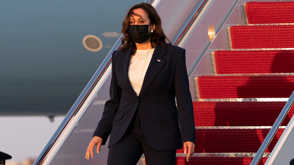 Vice President Kamala Harris exits Air Force Two, Tuesday, April 6, 2021, on arrival at Andrews Air Force Base, Md., as she returns to Washington from Chicago. (AP Photo/Jacquelyn Martin)