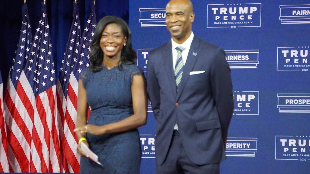 Georgia Republican Senate candidate Kelvin King and his wife, Janelle King, at a Trump campaign event at the Cobb Galleria in suburban Atlanta on Sept. 25, 2020.