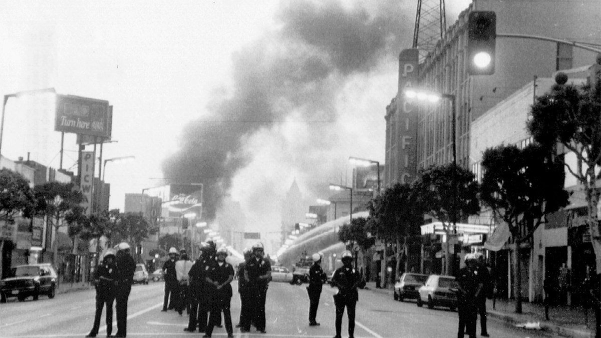 LOS ANGELES, CALIFORNIA - MAY 1: Police guard Hollywood Boulevard after the Rodney King incident sparked riots. Photographed May 1, 1992 in Los Angeles, CA. (Photo by Dayna Smith/The Washington Post via Getty Images)