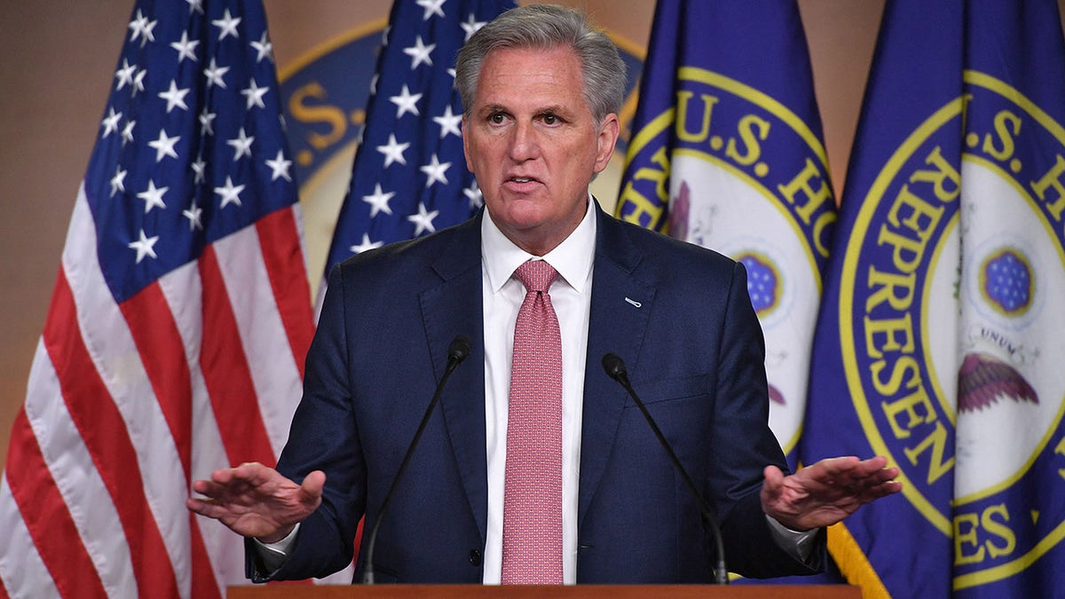 House Minority Leader, Kevin McCarthy, Republican of California, speaks during his weekly press briefing on Capitol Hill in Washington, D.C., on March 18, 2021. (Photo by MANDEL NGAN/AFP via Getty Images)