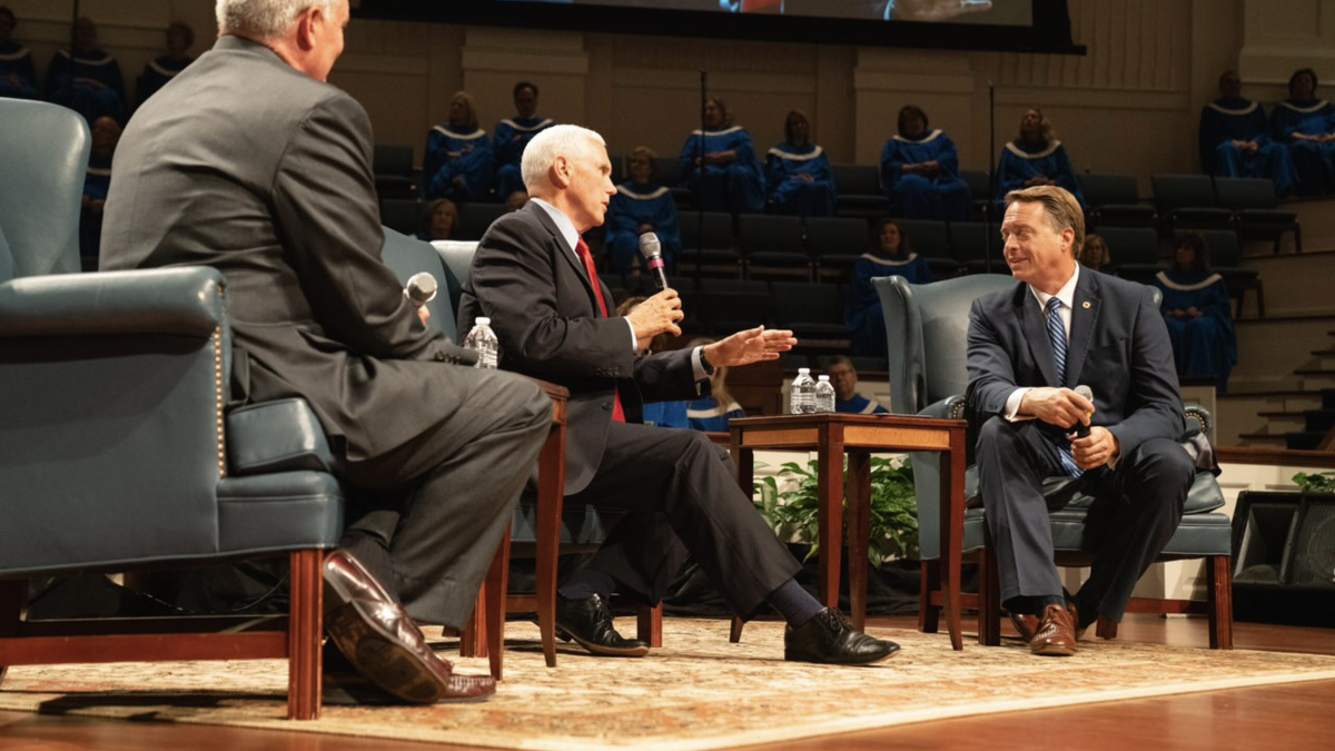 Former Vice President Mike Pence takes part in a 'fireside chat' with approximately 400 pastors gathered at the First Baptist Church of Columbia, in Columbia, South Carolina on April 29, 2021.