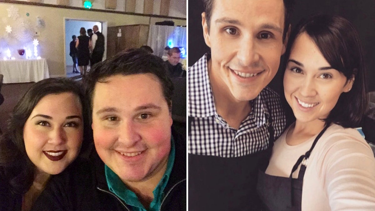 A before and after photo of Raquel and Dustin Hal.