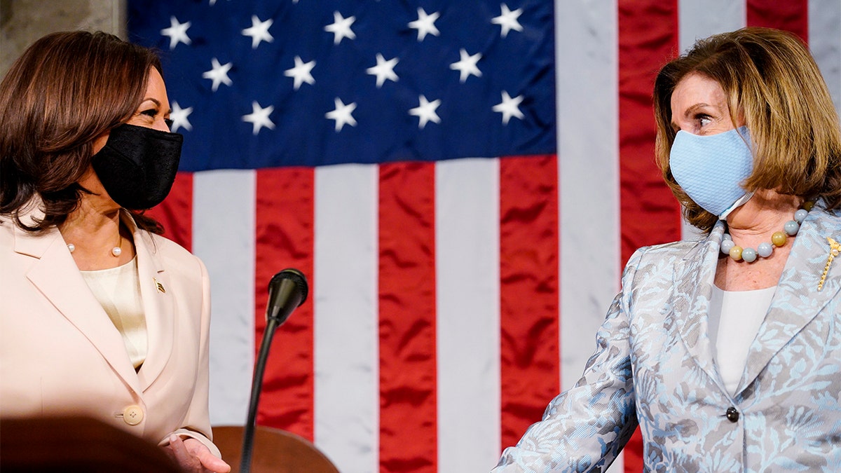 Vice President Kamala Harris, left, House Speaker Nancy Pelosi of Calif., arrive ahead of President Joe Biden speaking to a joint session of Congress, Wednesday, April 28, 2021, in the House Chamber at the U.S. Capitol in Washington. (Melina Mara/The Washington Post via AP, Pool)