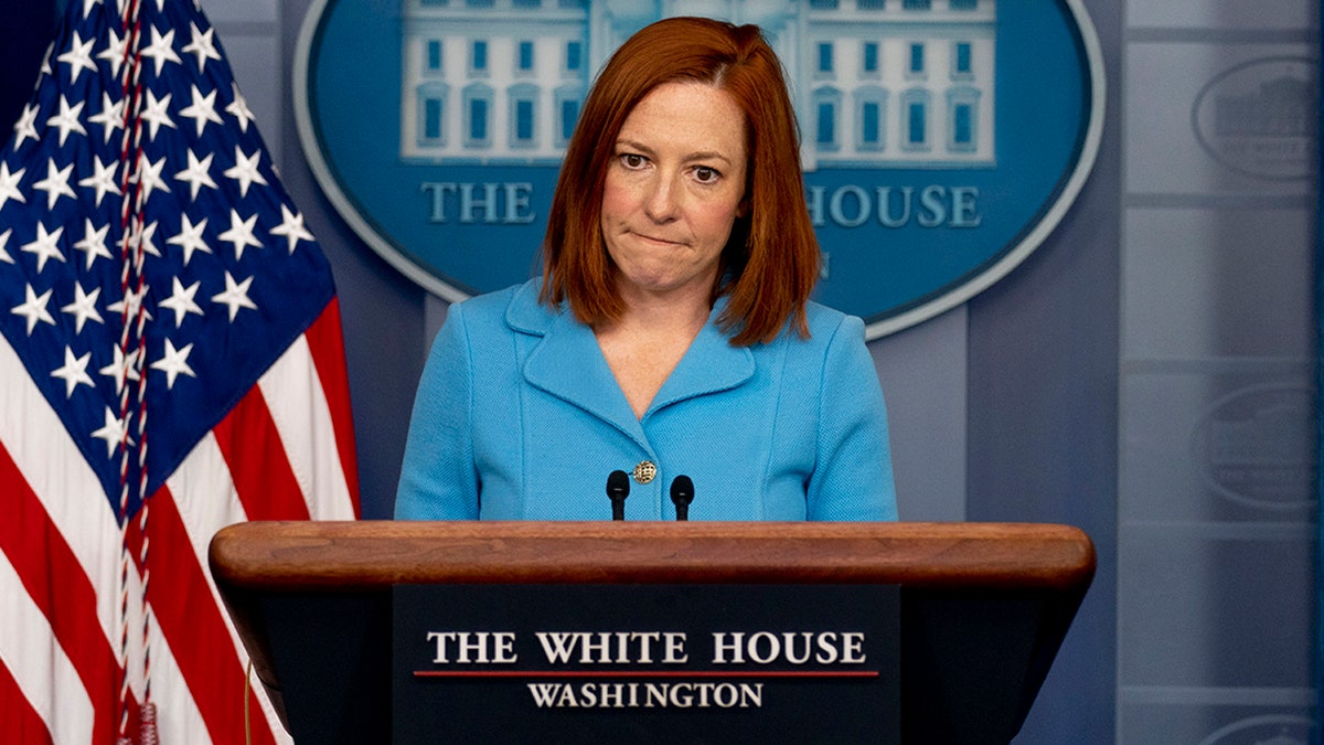 White House press secretary Jen Psaki takes a question at a press briefing at the White House, Thursday, April 8, 2021, in Washington. Psaki Monday had one of her most contentious exchanges with a reporter yet over the refugee cap. (AP Photo/Andrew Harnik)