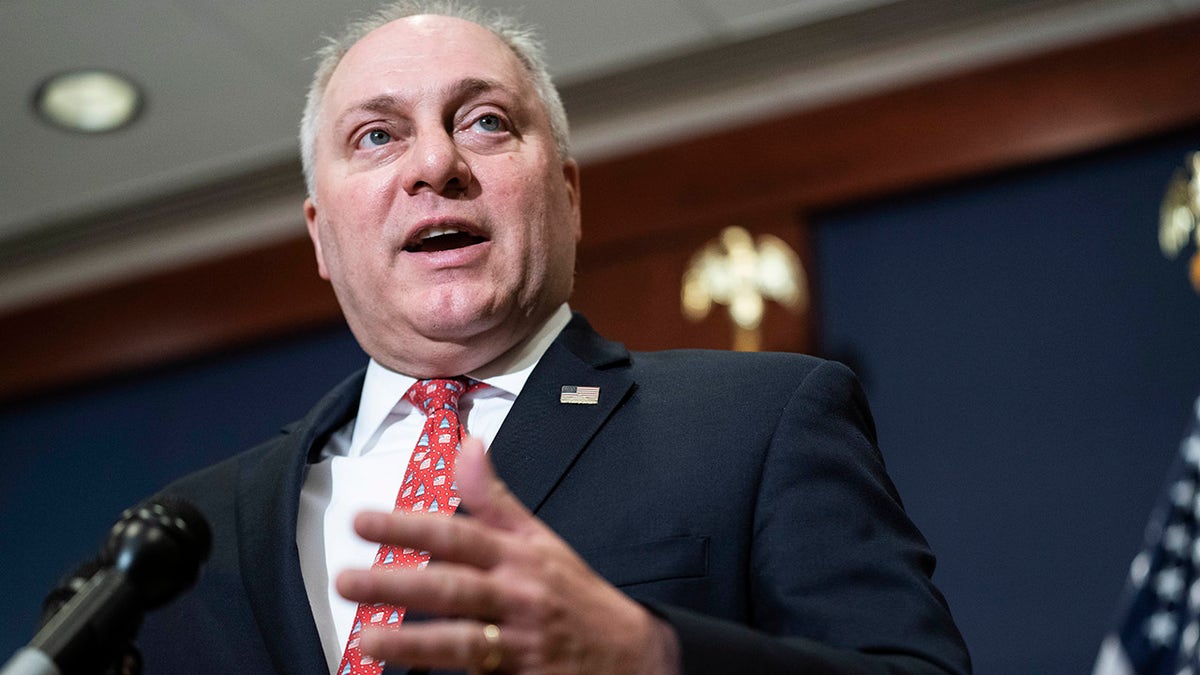 WASHINGTON, DC - APRIL 20: Rep. Steve Scalise (R-LA) speaks during a press conference following a House Republican caucus meeting on Capitol Hill on April 20, 2021 in Washington, DC. The House Republican members spoke about the Biden administration's immigration policies and the coronavirus pandemic. (Photo by Sarah Silbiger/Getty Images)