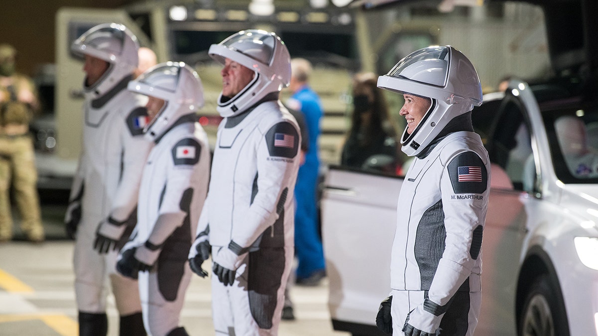 From left to right, ESA (European Space Agency) astronaut Thomas Pesquet, Japan Aerospace Exploration Agency (JAXA) astronaut Akihiko Hoshide, and NASA astronauts Shane Kimbrough and Megan McArthur, prior to the Crew-2 mission launch Sunday.