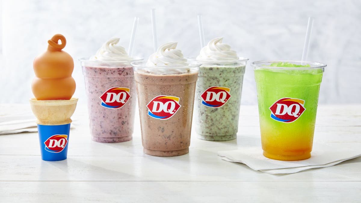 From left to right: Dreamsicle Dipped Cone, Raspberry Chip Shake, Choco Hazelnut Shake, Mint Chip Shake and Tropical Lemonade Twisty Misty Slush. (Dairy Queen)