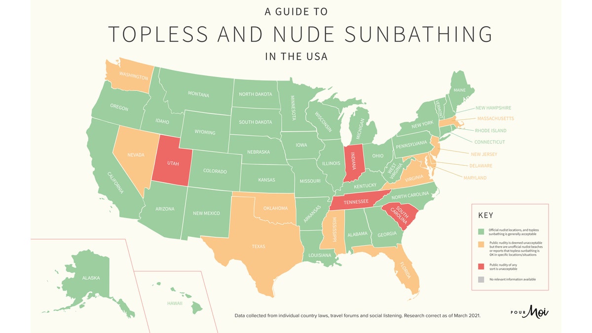 Pour Moi found that only four U.S. states completely ban nudity of any kind including Utah, Indiana, Tennessee and South Carolina.