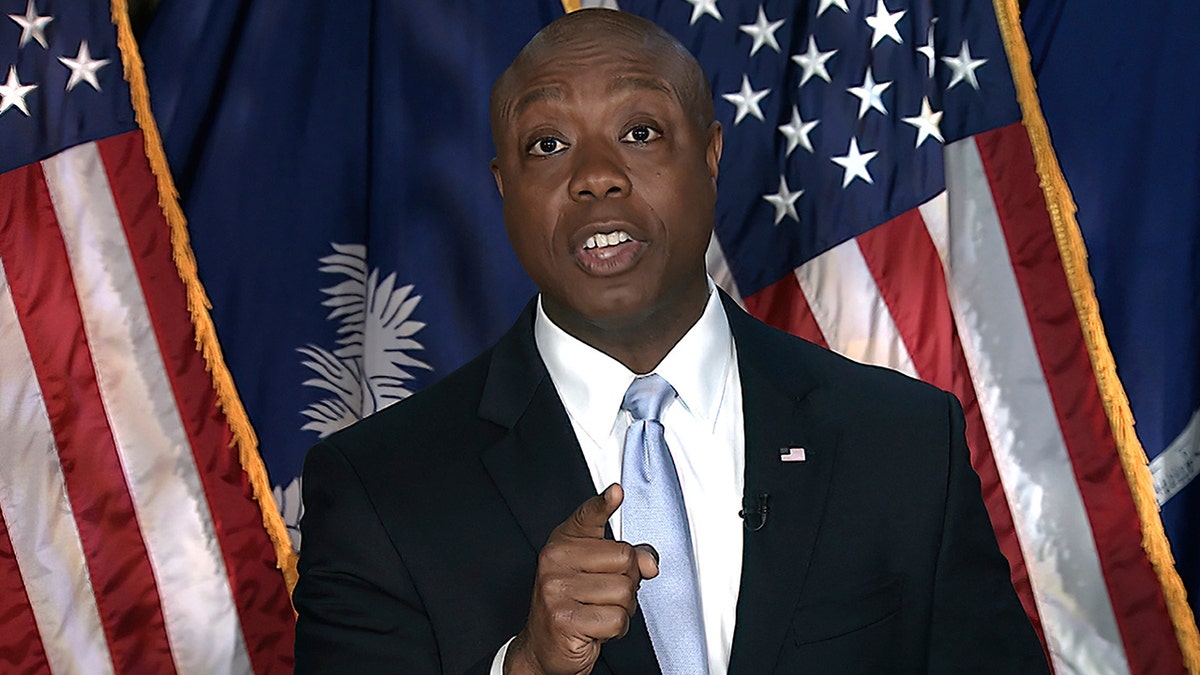 In this image from Senate Television video, Sen. Tim Scott, R-S.C., delivers the Republican response to President Joe Biden's speech to a joint session of Congress on Wednesday, April 28, 2021, in Washington. (Senate Television via AP)