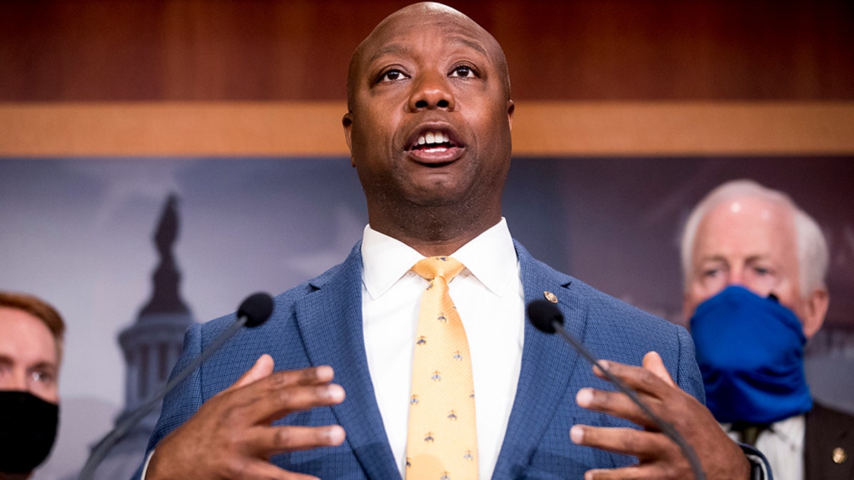 In this June 17, 2020, file photo, Sen. Tim Scott, R-S.C., speaks at a news conference on Capitol Hill in Washington. Scott is the only Black Republican senator. (AP Photo/Andrew Harnik, File)