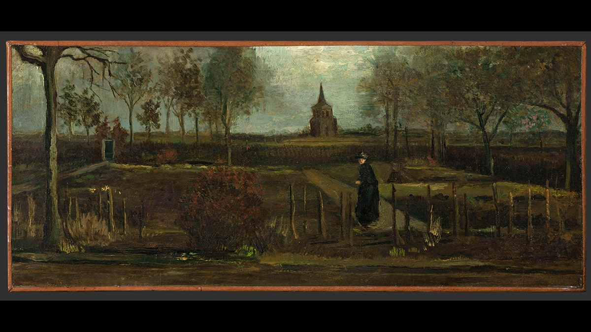 This image provided by the Groninger Museum on Monday March 30, 2020, shows Dutch master Vincent van Gogh's painting titled "The Parsonage Garden at Nuenen in Spring" which was stolen from the Singer Museum in Laren, Netherlands.  (Groninger Museum via AP )