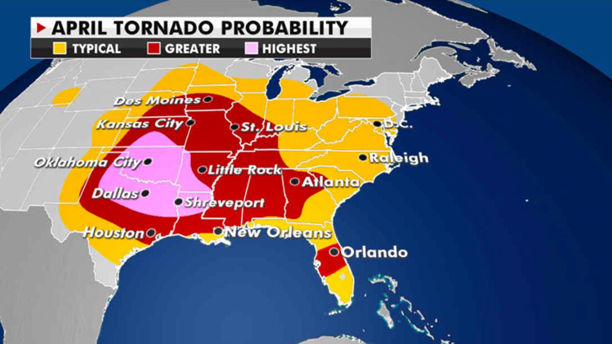 Where tornadoes are most likely to be reported this month. (Fox News)