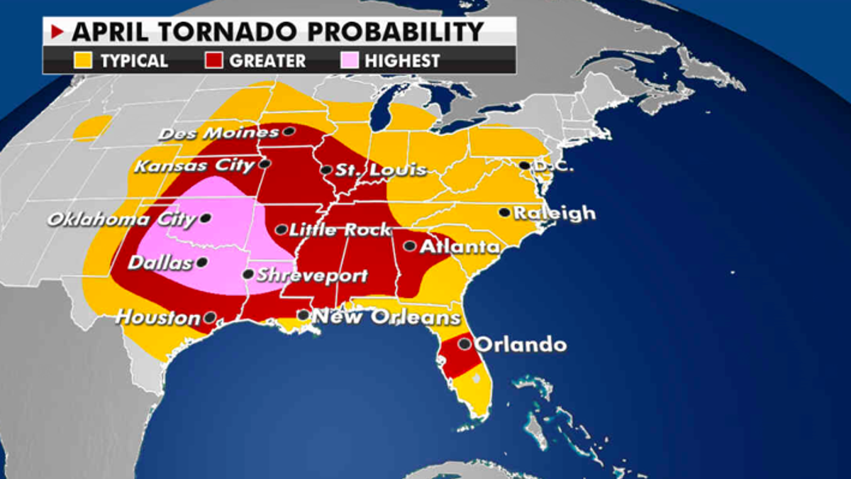 Where tornadoes are most likely to be reported this month. (Fox News)