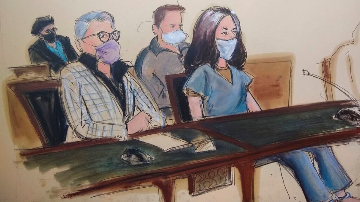 In this courtroom sketch, Ghislaine Maxwell, far right, appears in Manhattan Federal court seated next to her attorney Bobbi C. Sternheim, second from left, along with her sister Isabel Maxwell, far left, during her arraignment on a superseding indictment last week.