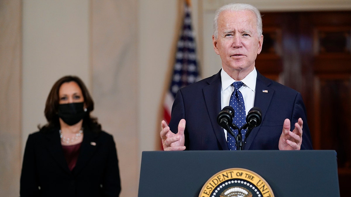 President Joe Biden, accompanied by Vice President Kamala Harris, speaks Tuesday, April 20, 2021, at the White House in Washington, after former Minneapolis police Officer Derek Chauvin was convicted of murder and manslaughter in the death of George Floyd. (AP Photo/Evan Vucci)