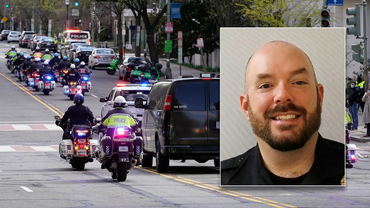 A procession carries the remains of a U.S. Capitol Police officer who was killed after a man rammed a car into two officers at a barricade outside the U.S. Capitol. Police identified the fallen officer as William "Billy" Evans.