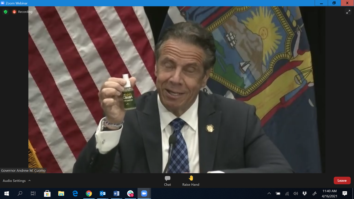 Gov. Cuomo touting New York State hand sanitizer at his new conference on Friday, April 16, 2021.