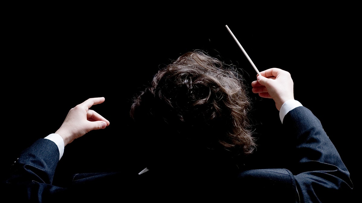 A conductor's hands with a baton.