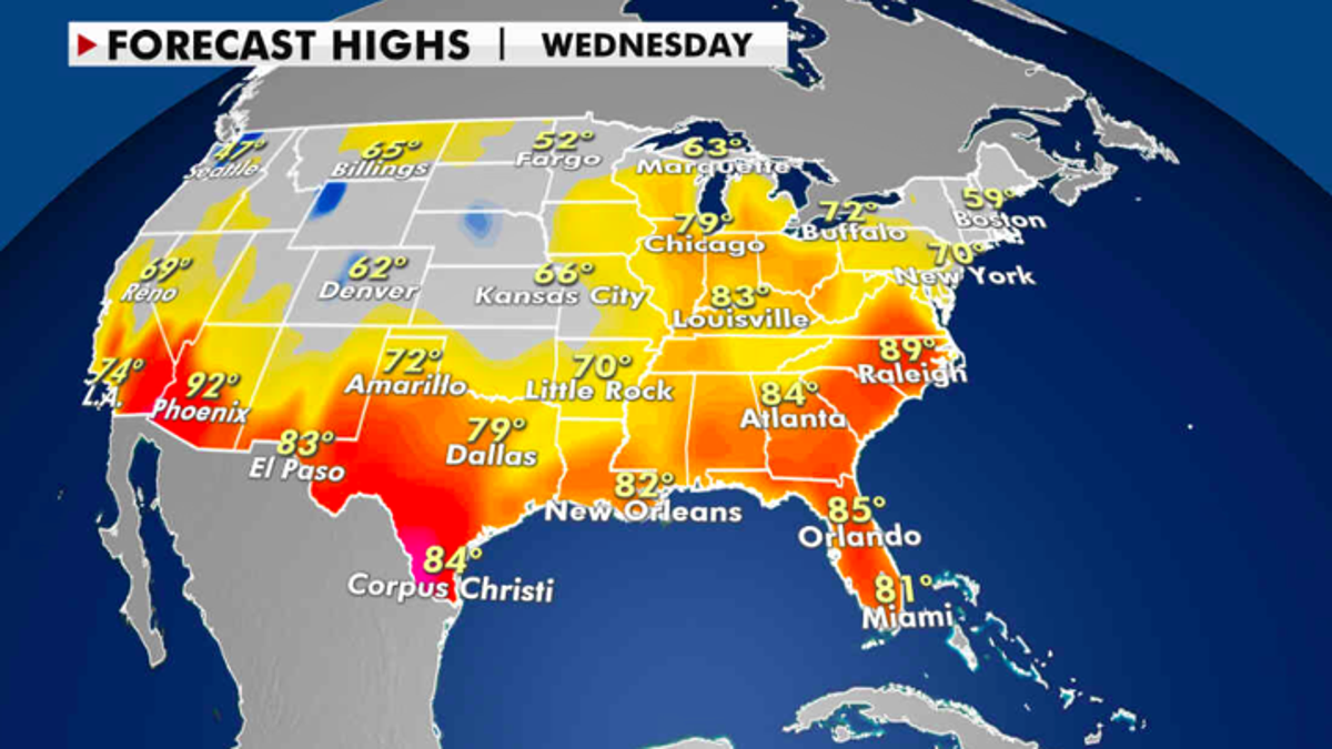 Expected high temperatures for Tuesday. (Fox News)