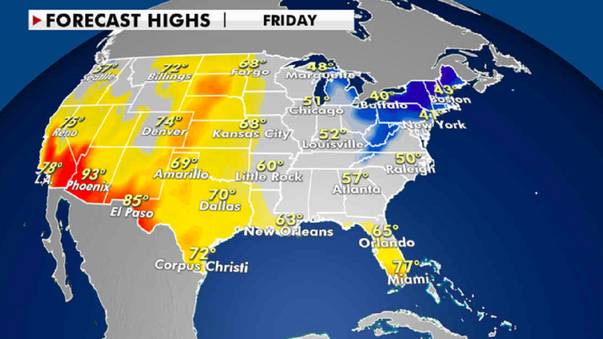 Forecasted high temperatures for Friday. (Fox News)