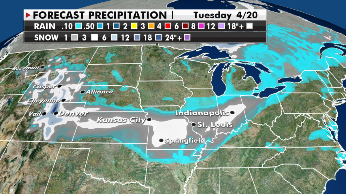 Expected snowfall totals through Tuesday. (Fox News)