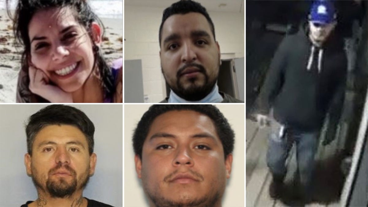 Authorities say suspects in the Rossana Delgado case include Megan Alyssa Colone, 30, top left; Juan Ayala-Rodriguez, 35, bottom left; Mario Alberto Barbosa-Juarez, 29, top center; Oscar Manuel Garcia, 26, bottom center; and another suspect, far right, who was unidentified. (Georgia Bureau of Investigation)