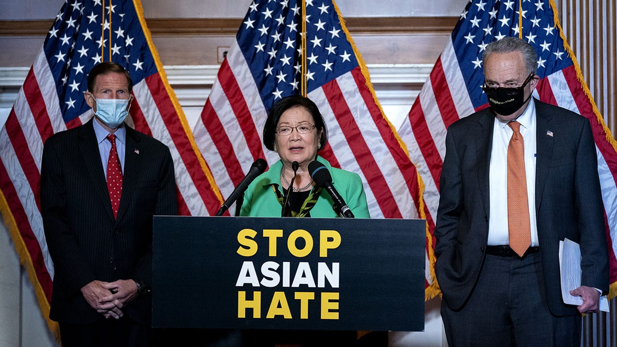 Sen. Mazie Hirono, a Democrat from Hawaii, center, speaks during a news conference at the U.S. Capitol in Washington, D.C., on Thursday, April 22, 2021. The Senate passed by an overwhelming margin legislation designed to combat hate crimes in the U.S., as lawmakers united to respond after a sharp increase in attacks against Asian Americans since the onset of the coronavirus pandemic. (Stefani Reynolds/Bloomberg via Getty Images)