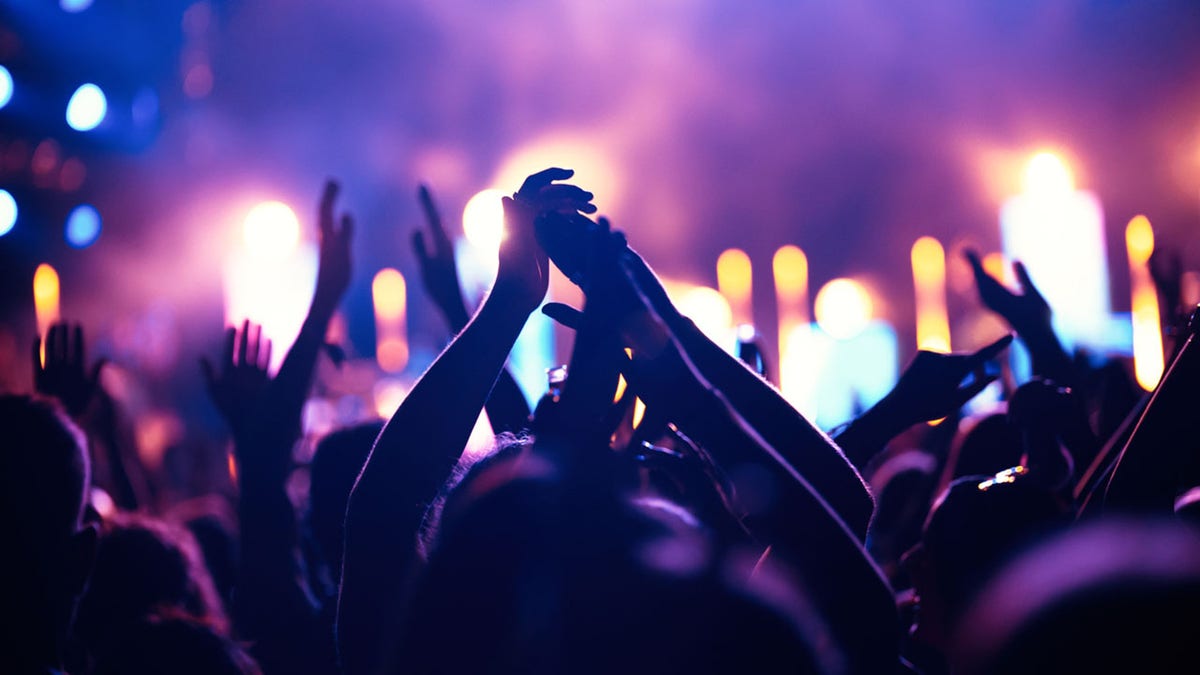 Cheering crowd with hands in air at music festival