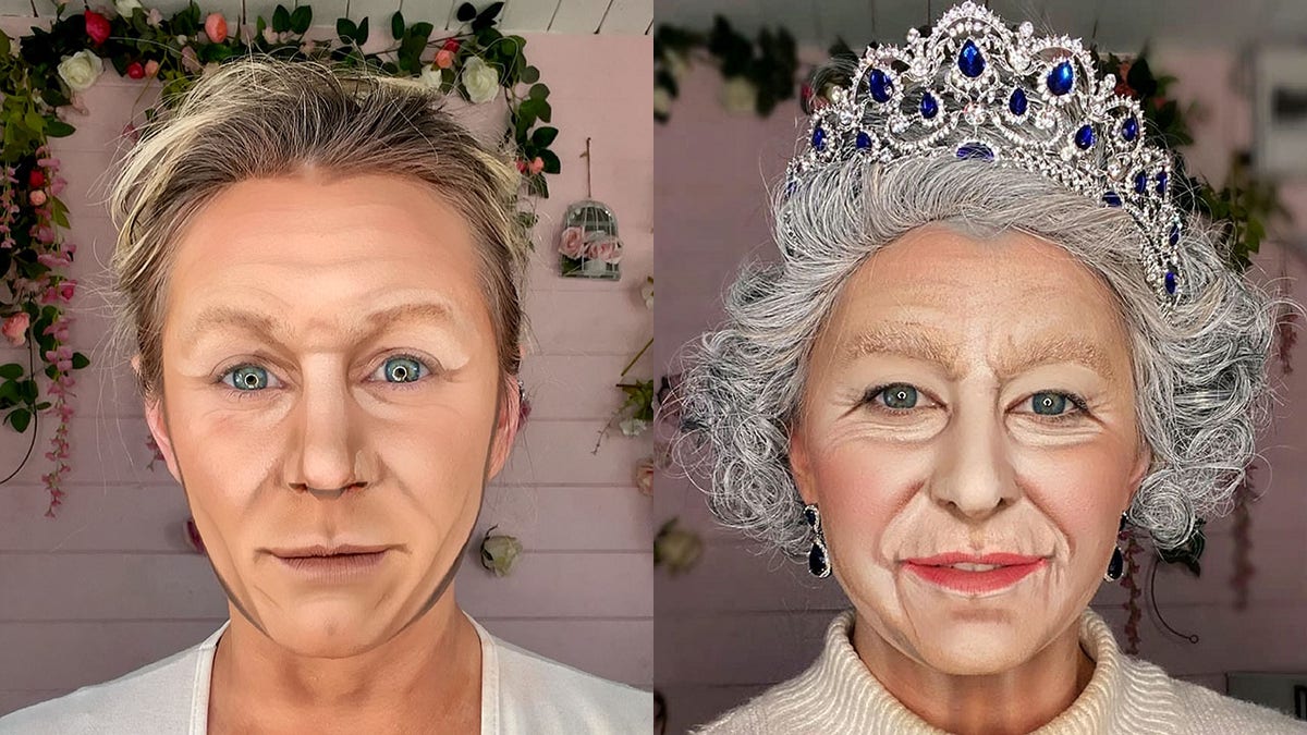 Lacao modeling her Gordon Ramsay and Queen Elizabeth looks. She spends four to eight hours carefully transforming herself into each of the celebrities.