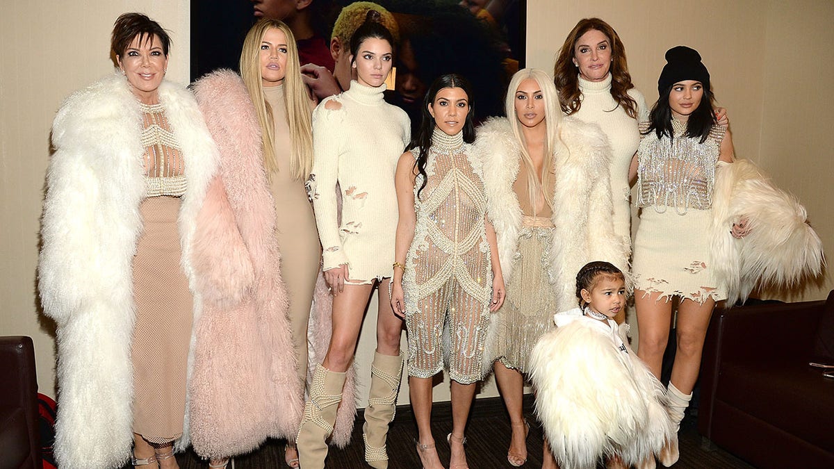 From left: Kris Jenner, Khloe Kardashian, Kendall Jenner, Kourtney Kardashian, Kim Kardashian West, North West, Caitlyn Jenner and Kylie Jenner attend Kanye West Yeezy Season 3 at Madison Square Garden on February 11, 2016 in New York City. (Photo by Kevin Mazur/Getty Images for Yeezy Season 3)