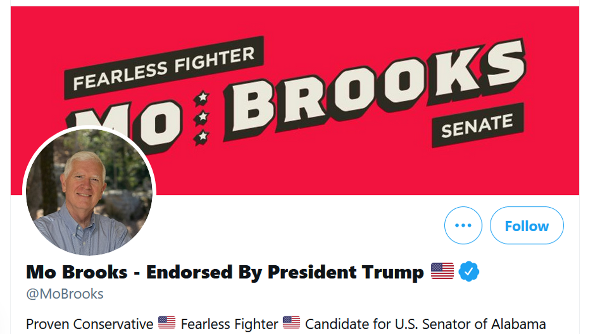 The Senate campaign Twitter page of Rep. Mo Brooks of Alabama is updated to showcase the endorsement by former President Trump, on April 7, 2021