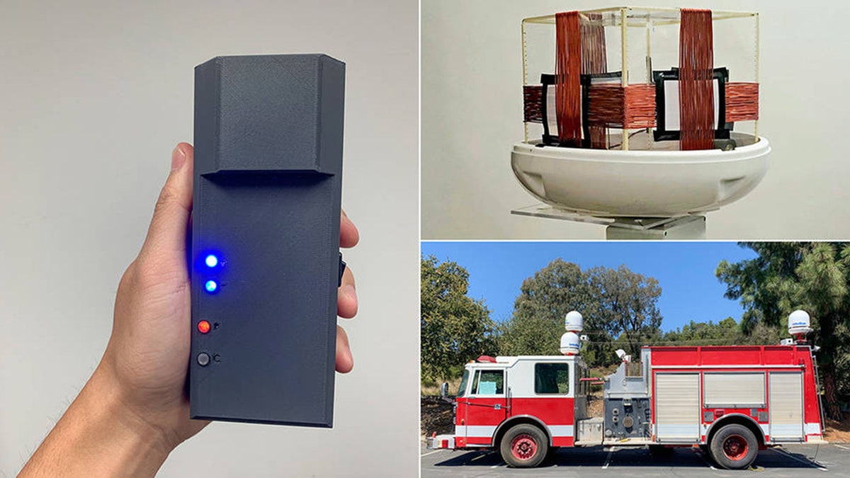 POINTER is composed of three parts: a receiver, transmitter, and base station. Clockwise from left: The receiver prototype is worn by firefighters and communicates with the transmitter coil, which was attached to an out-of-service firetruck for testing purposes. Credits: NASA/JPL-Caltech/DHS S&amp;T