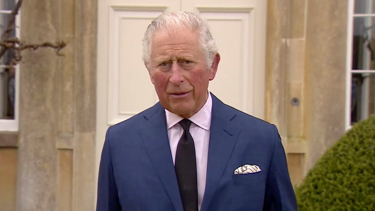 Britain's Prince Charles addresses the media, outside Highgrove House in Gloucestershire, England, Saturday, April 10, 2021. Britain’s Prince Charles says the royal family are "deeply grateful’’ for the outpouring of support they’ve received following the death of his father, Prince Philip. 