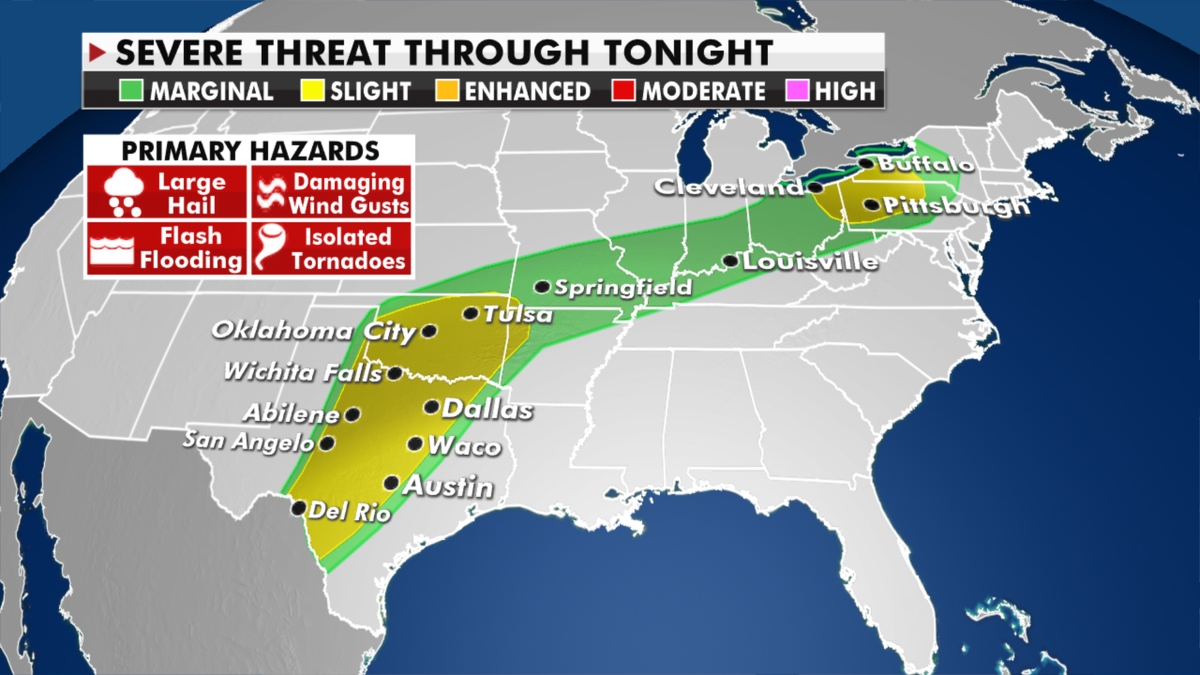 The current risk of severe weather Wednesday. (Fox News)