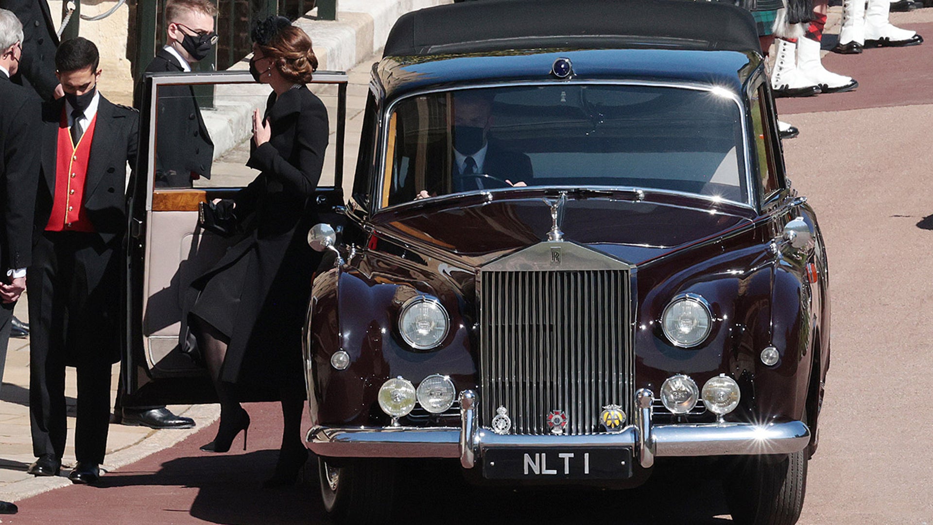 WINDSOR, ENGLAND - APRIL 17: Catherine, Duchess of Cambridge, arrives for the funeral of Prince Philip at Windsor Castle on April 17, 2021 in Windsor, England. Prince Philip was born June 10, 1921, in Greece. He served in the British Royal Navy and fought in WWII. He married then-Princess Elizabeth on Nov.  20, 1947 and was named Duke of Edinburgh. He served as Prince Consort to Queen Elizabeth II until his death on April 9, months short of his 100th birthday. His funeral is Saturday at Windsor Castle, with only 30 guests invited due to coronavirus pandemic restrictions. (Photo by Hannah McKay/WPA Pool/Getty Images)