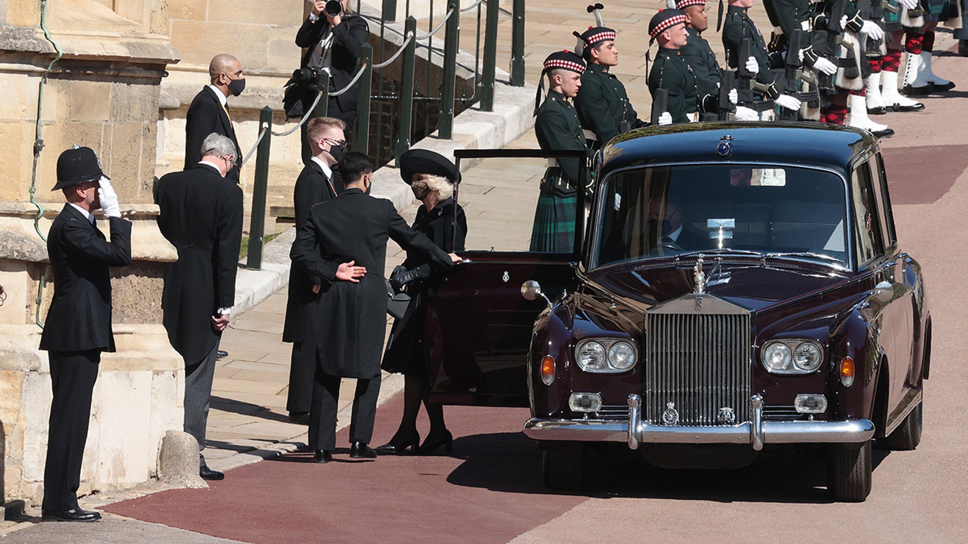 WINDSOR, ENGLAND - APRIL 17: Camilla, Duchess of Cornwall, arrives for the funeral of Prince Philip at Windsor Castle on April 17, 2021 in Windsor, England. Prince Philip was born June  10, 1921, in Greece. He served in the British Royal Navy and fought in WWII. He married then-Princess Elizabeth on Nov. 20, 1947 and was named Duke of Edinburgh. He served as Prince Consort to Queen Elizabeth II until his death on April 9, months short of his 100th birthday. His funeral is Saturday at Windsor Castle,with only 30 guests invited due to coronavirus pandemic restrictions. (Photo by Hannah McKay/WPA Pool/Getty Images)