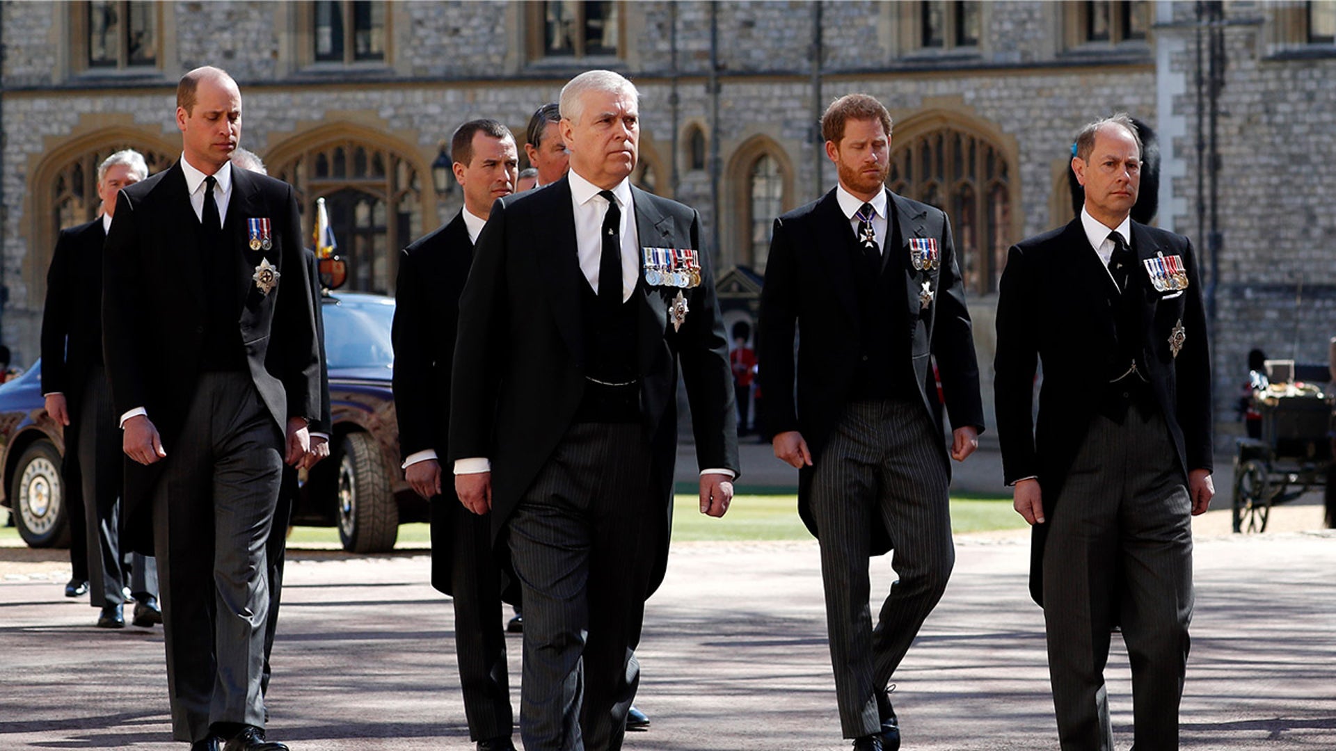 WINDSOR, ENGLAND - APRIL 17: Prince William, Prince Andrew, Prince Harry and Prince Edward participate in the funeral Saturday of Prince Philip in Windsor, England. Philip's funeral takes place at Windsor Castle with only 30 guests invited due to coronavirus pandemic restrictions. (Photo by Alastair Grant/WPA Pool/Getty Images)