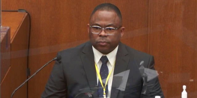 Jody Stiger, a Los Angeles Police Department sergeant testifies Wednesday in the trial of former Minneapolis police Officer Derek Chauvin at the Hennepin County Courthouse in Minneapolis. (Court TV via AP, Pool)