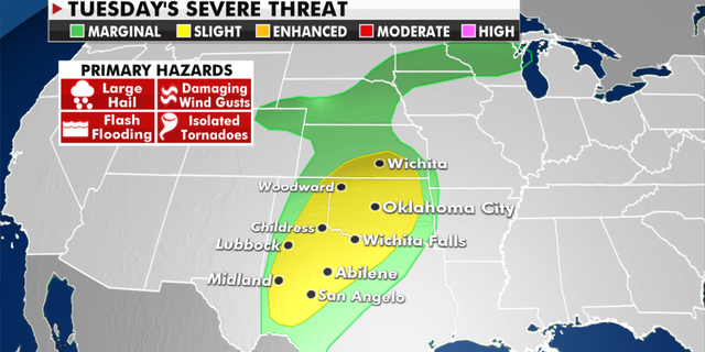 The risk of severe weather on Tuesday. (Fox News)