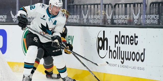 San Jose Sharks center Patrick Marleau (12) plays against the Vegas Golden Knights during the first period of an NHL hockey game Monday, April 19, 2021, in Las Vegas. (AP Photo/John Locher)