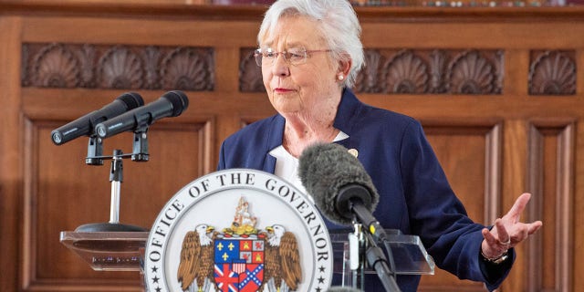 Gov. Kay Ivey takes questions from reporters during a press conference at the Alabama State Capitol Building in Montgomery, Ala., on Wednesday, April 7, 2021. Ivey said that Democrat-led states may be reducing incentives for vaccines by continuing to require masks. 