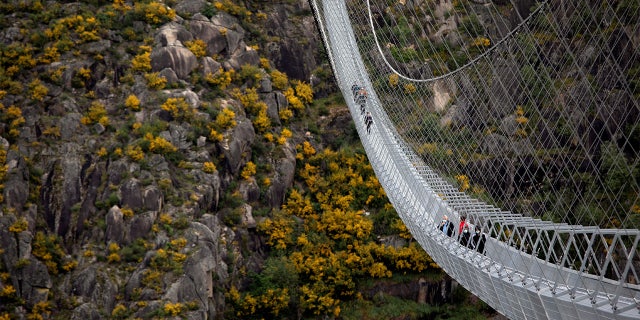 People walk on the world's longest pedestrian suspension bridge '516 Arouca', now open for local residents in Arouca, Portugal.