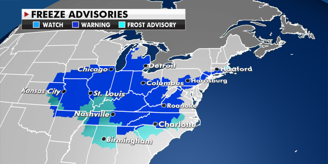 Freeze advisories in effect Thursday. (Fox News)