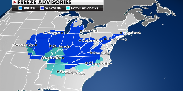 Freeze advisories in effect Thursday. (Fox News)