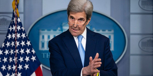 Special Presidential Envoy for Climate John Kerry speaks during a press briefing at the White House, Thursday, April 22, 2021, in Washington.