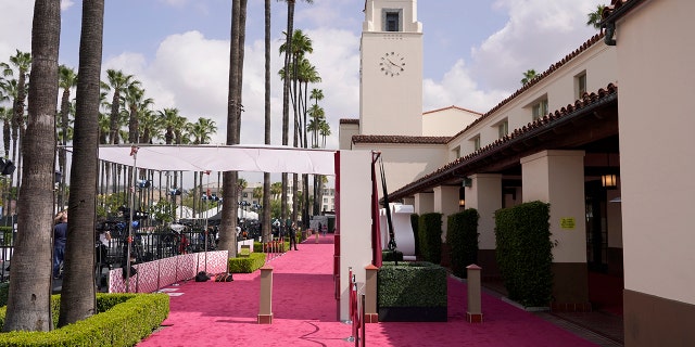 A view of the red carpet appears before the start of the Oscars on Sunday, April 25, 2021, at Union Station in Los Angeles.